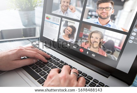Virtual talking with friends, colleague and using video chat conference. Remote learning or work. Home quarantine or prevention of coronavirus infection (virus covid-19). Group of people smart working Royalty-Free Stock Photo #1698488143