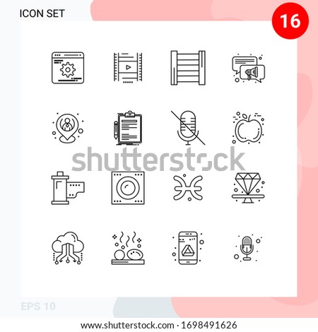 Mobile Interface Outline Set of 16 Pictograms of location; hr; construction; employee; speaker Editable Vector Design Elements