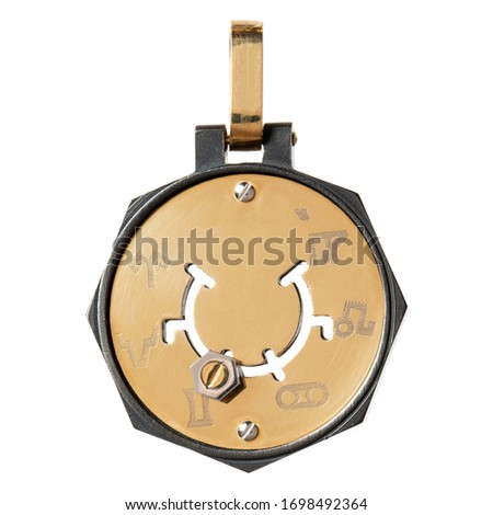 Pendant zodiac signs in yellow and white gold and steel with black physical vapor deposition isolated on white background