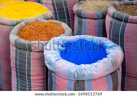 Herbs and spices at the market. Different varieties and mix of flavor and colors