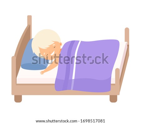 Cute Smiling Blond Little Boy Sleeping Sweetly in His Bed under Blanket Vector Illustration
