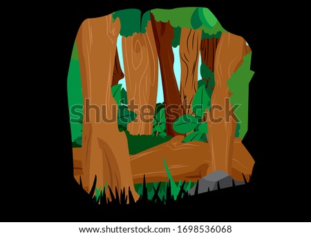 Nature background with view of a forest from a dark cave. Abstract cartoon illustration.