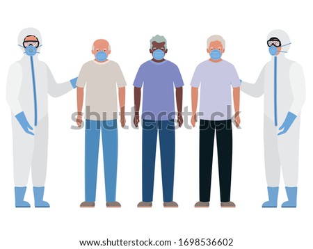 Elder men with masks and doctors with protective suits against Covid 19 design of Medical care hygiene health emergency and patient theme Vector illustration