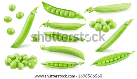 Set of whole and opened pea pods with beans isolated on a white background. Royalty-Free Stock Photo #1698566560