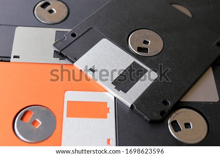 Close-up Diskette for old computer arranged in a line selective focus and shallow depth of field