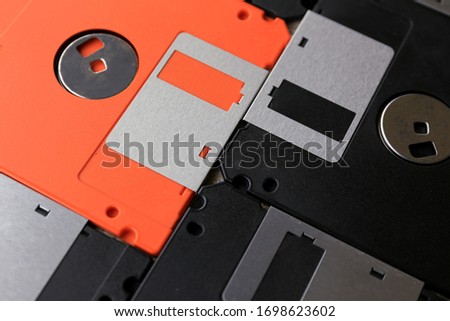 Close-up Diskette for old computer arranged in a line selective focus and shallow depth of field