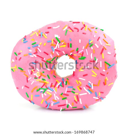 Pink Iced Donut  covered in sprinkles on a white background