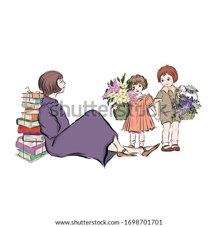 Mother's day. Son and daughter give flowers in basket and vase. Bouquets of lilac. Woman with a stack of books in a lilac dress. Parent and her children. Happy family. Hand drawn vintage people. 