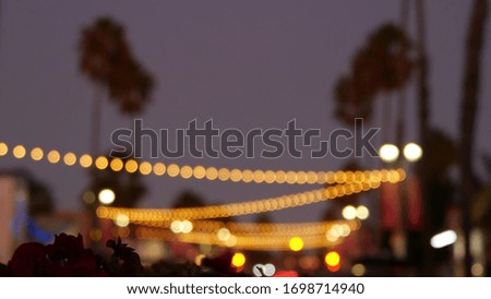 Decorative staring garland lights, palm trees silhouettes, evening sky. Blurred Background. Street decorated with lamps in California. Festive illuminations, beach party, tropical vacations concept
