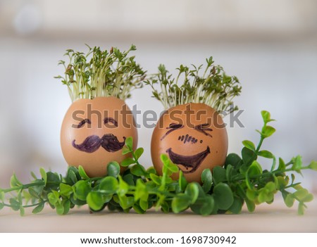 two eggs with a happy face and cress instead of hair Royalty-Free Stock Photo #1698730942