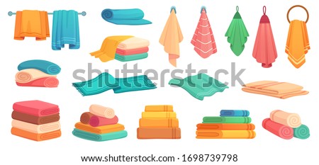 Fabric bath towels. Colorful clean bathtub towel, soft textile and stack of towels cartoon vector set. Illustration fabric fluffy and cotton, hygiene beach towel Royalty-Free Stock Photo #1698739798