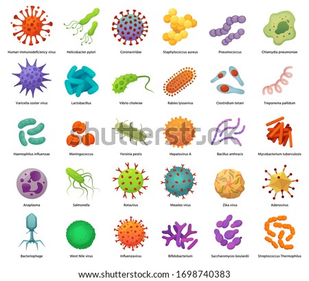 Bacteria and virus icons. Disease-causing bacterias, viruses and microbes. Color germs, bacterium types vector illustration set. Coronavirus and bacterium, pathogen hepatovirus and zika Royalty-Free Stock Photo #1698740383