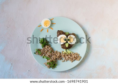 Creative foodart with eggs and buckwheat porridge depicts an owl.
