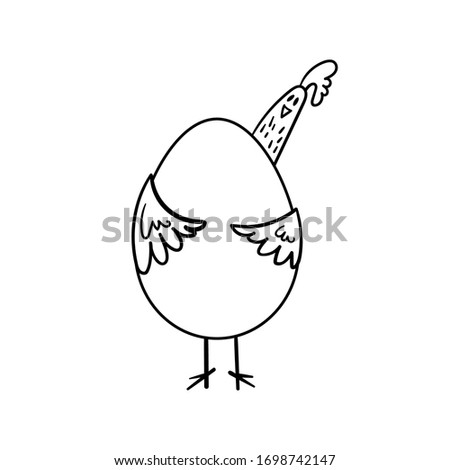 A chicken carries a large egg. Vector stock illustration black outline isolated. The concept of caring farming, eco-production. Hand-drawn chicken with an egg.