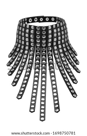 Subject shot of a black choker made as a high collar of leather strips with steel studs. The stylish accessory is isolated on the white background. 