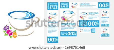 cup of coffee with colorful hibiscus flowers, vector banner templates