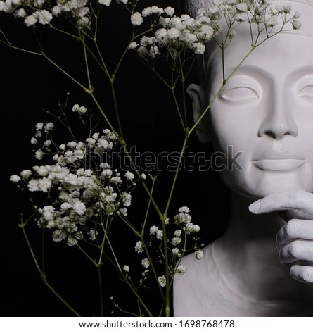 An image of an antique sculpture of Nefertiti,the "chief consort" of the ancient Egyptian Pharaoh,on a black background with a branch of fresh flowers in her hand.Style and part of the story in photos