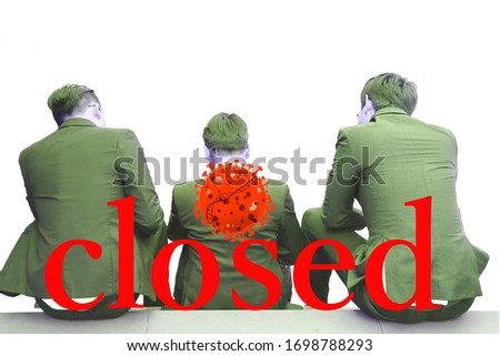 the workers is suit sitting on floor  isolare on white background with illustrations on corona virus . long term outbreak make effect many business closed.
