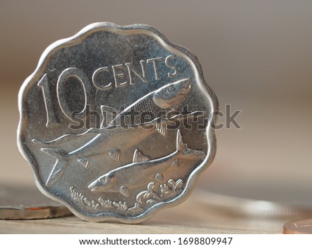 Bahamian Dollar with picture of sea life on the coin surface: two bone fish swimming as a depiction on 10 cent coin