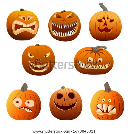 Set of realistic halloween pumkings, 3d jack lantern vector collection.