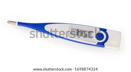 Rigid Tip Digital Thermometer with high temperature on display. Designed for oral, axillary and rectal use. Isolated on white background with natural shadow. With clipping path.  Royalty-Free Stock Photo #1698874324