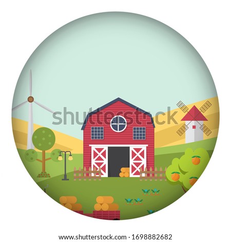 Rural landscape. View of farm and green fields.