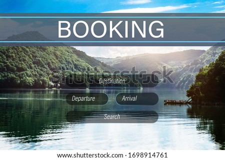 Picturesque view of beautiful lake surrounded by mountains on sunny day. Travel agency website