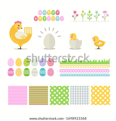 Easter set isolated on a white background. cartoon Happy easter design elements. clip art.Chicken, egg, hatched bird, chicken,pattern,grace,flower