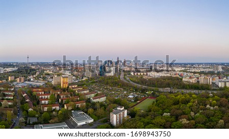 Aerial panoramic picture of the Frankfurt skyline at daytime