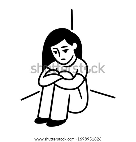 Teenage girl sitting in corner hugging knees. Depression, sadness and loneliness. Black and white simple cartoon drawing. Mental health vector clip art illustration.