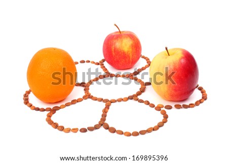 coffee beans formed beautiful flower with the apples and orange
