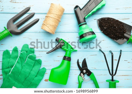 Gardening tools on blue wooden background with copy space. Spring concept