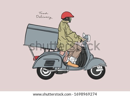 Vector Illustration of Food Delivery Service / Man / Motorcycle with full protection