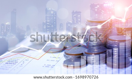 Stock market or forex trading graph, rows of coins for finance and business concept, Forex trading candlestick chart economic , ECN Digital economy, business, money, passive income. 50mp Royalty-Free Stock Photo #1698970726