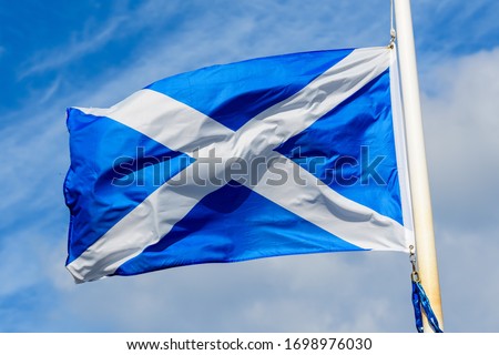 Flag of Scotland (Saltire or the Saint Andrew's Cross) blowing in the wind towards clear blue sky in a sunny day
