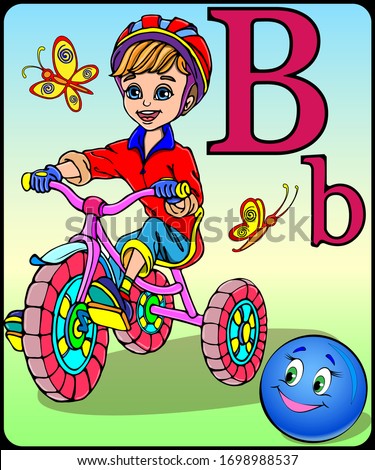 Vector illustration. The boy rides a bicycle.
 Letter B of the English alphabet.