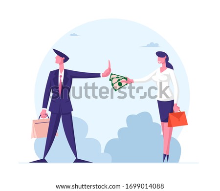 Anti Corruption Concept. Woman Give Envelope with Money to Businessman who refuse Taking Bribe. Cash in Hand of Businesswoman during Corruption Deal. Cartoon People Characters Vector Illustration Royalty-Free Stock Photo #1699014088