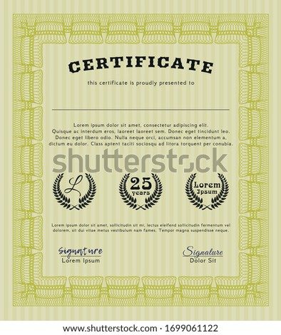Yellow Sample certificate or diploma. With linear background. Vector illustration. Modern design. 