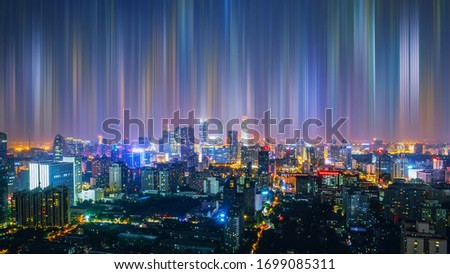 Smart city at night and abstract line. Big Data Connection Technology Concept. Beijing.