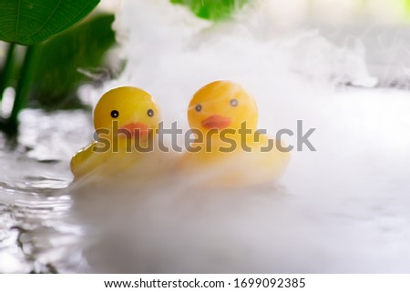 Cute yellow rubber duck on water with mist and tree