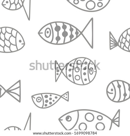 Seamless pattern with fishes. Simple flat style vector illustration. Gray and white illustration.