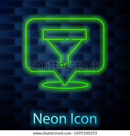 Glowing neon line Location with sales funnel icon isolated on brick wall background. Infographic template. Vector Illustration
