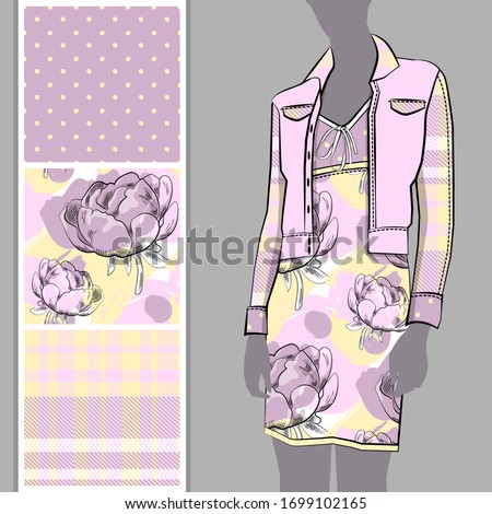Vector set of seamless patterns with flowers, cell and polka dots for printing on clothes. A set of clothes with a print and seamless patterns. Print on T-shirts, bags and and other fashion products.