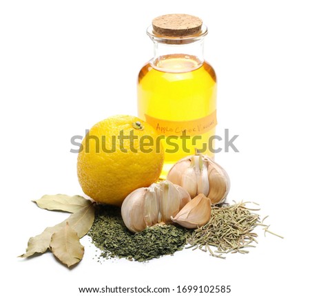 1600 recipe against the plague, black death, best known as the recipe of the four thieves, lemon, vinegar, garlic, parsley, rosemary, bay leaf spice isolated on white background