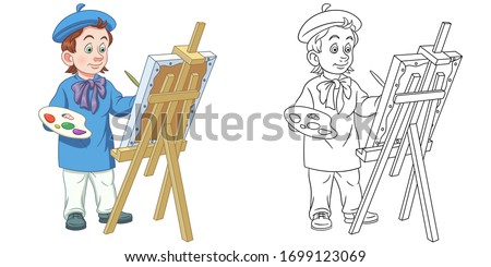 Cute painting artist. Coloring page and colorful clipart character. Cartoon design for t shirt print, icon, logo, label, patch or sticker. Vector illustration.