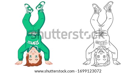 Cute boy break dancer. Coloring page and colorful clipart character. Cartoon design for t shirt print, icon, logo, label, patch or sticker. Vector illustration.