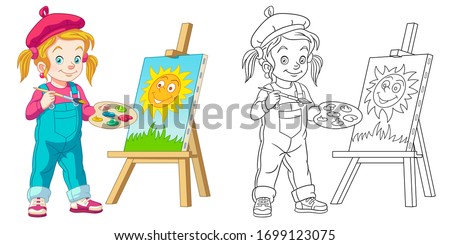 Cute girl drawing, young painting artist. Coloring page and colorful clipart character. Cartoon design for t shirt print, icon, logo, label, patch or sticker. Vector illustration.