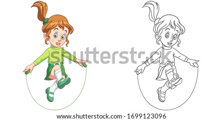 Cute girl jumping with skipping rope. Coloring page and colorful clipart character. Cartoon design for t shirt print, icon, logo, label, patch or sticker. Vector illustration.