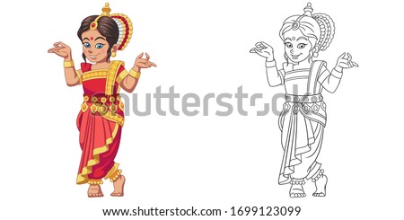 Cute Indian girl dancing. Coloring page and colorful clipart character. Cartoon design for t shirt print, icon, logo, label, patch or sticker. Vector illustration.