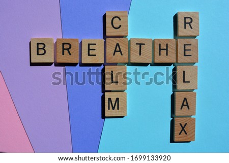 Calm, Breathe, Relax, crossword on colorful background